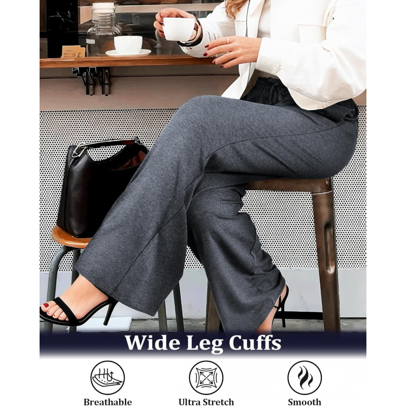 Women's Wide Leg Pants with Pockets Ribbed Knit
