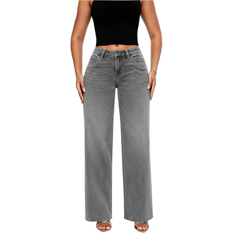Mid-Low Rise Baggy Jeans Wide Leg for Women Distressed Pants Stretchy Bottom Lady Basic Comfortable Denim