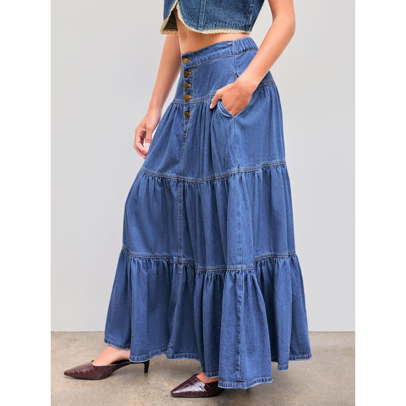 Women's Long Jean Denim Tiered Button