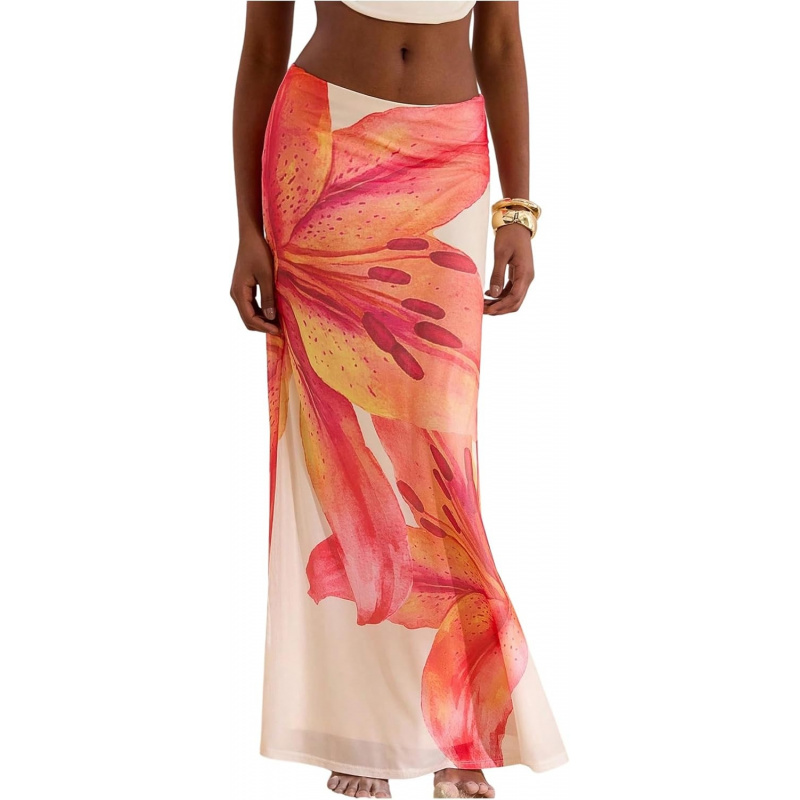 Women's Floral Low Waist Mesh Maxi