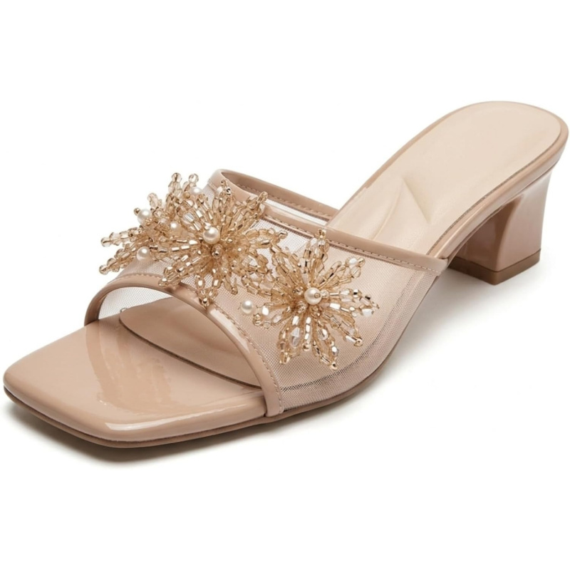 Women's French Style Mesh Beaded Flower Slide Sandals