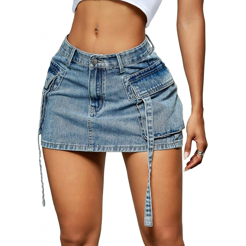 Women Cargo Denim Mini Low Skirt
