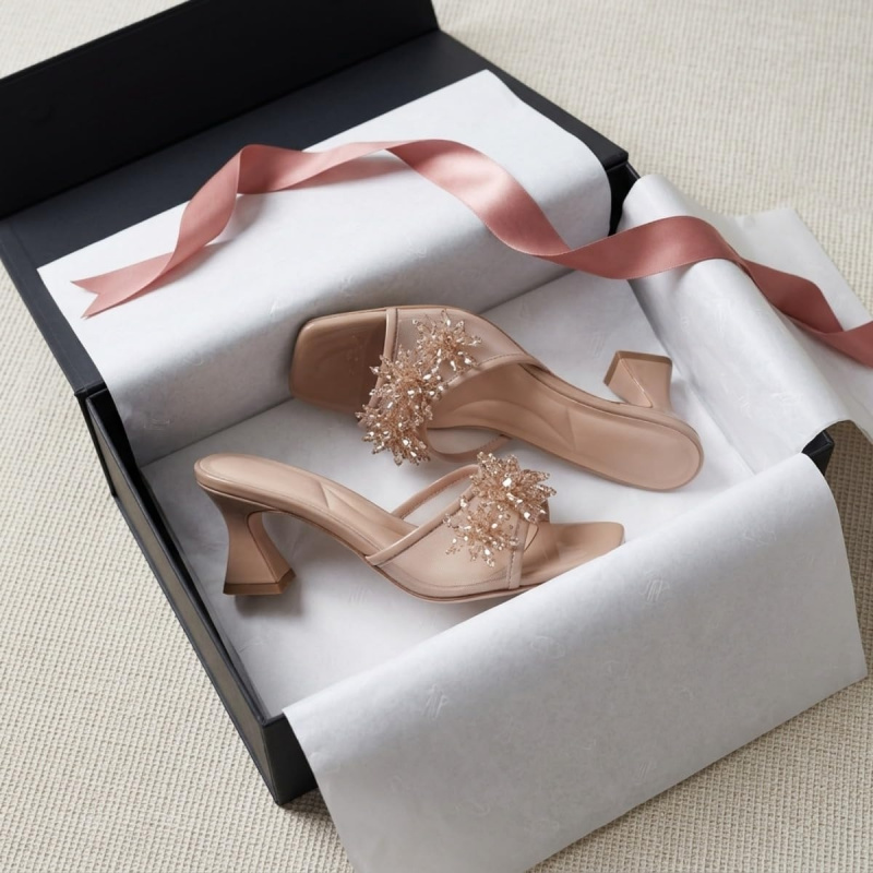 Women's French Style Mesh Beaded Flower Slide Sandals