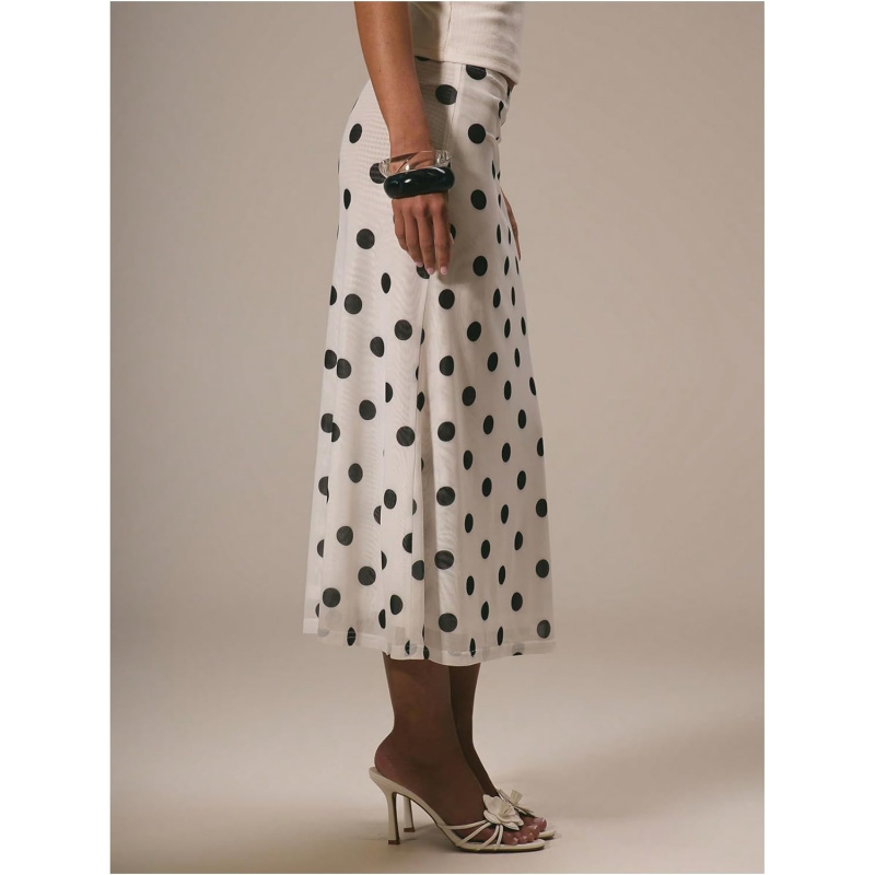 Women's Polka Dots Midi Skirt Summer Mesh Flowy Long Skirts