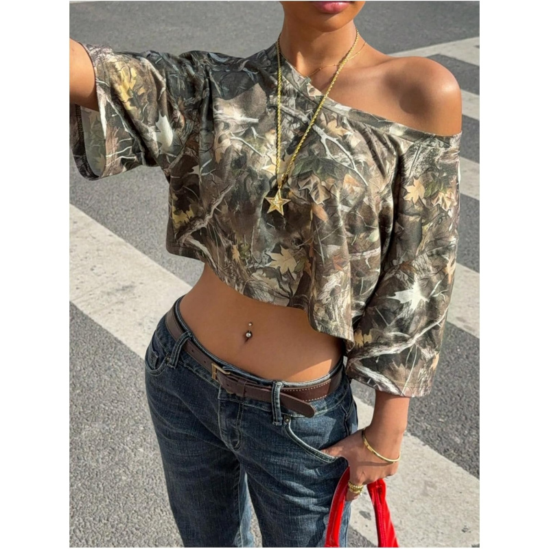 Women's Y2k Camo Print Off The Shoulder