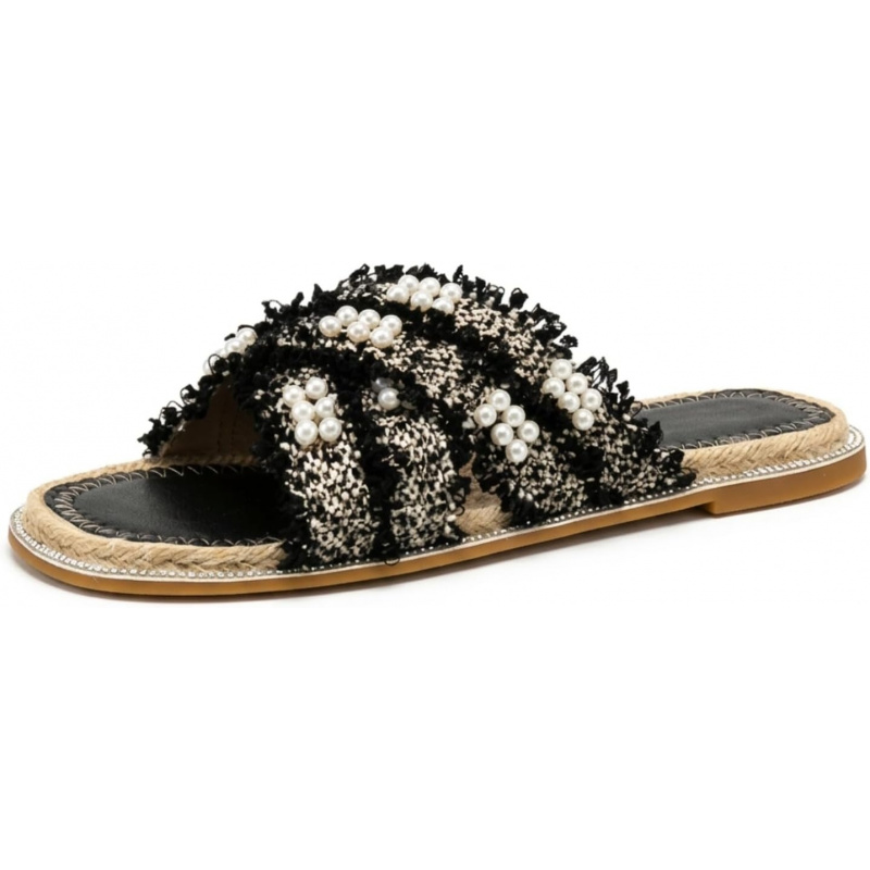 Chic Tweed Pearl Cross Strap Sandals Elegant Slippers