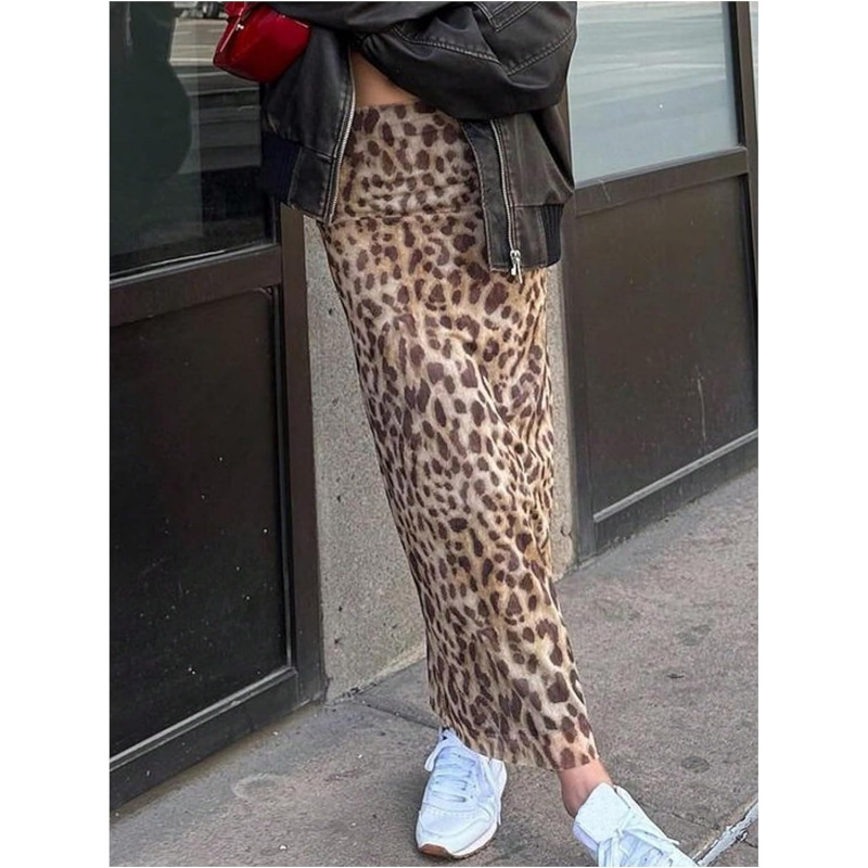 Women's Y2K Leopard Skirt High Waisted Maxi Skirt