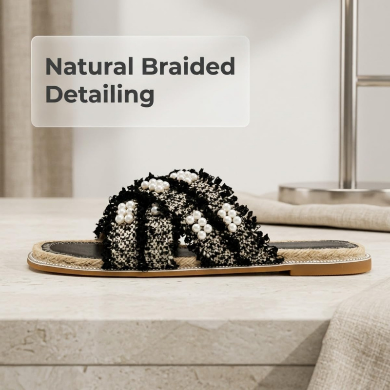 Chic Tweed Pearl Cross Strap Sandals Elegant Slippers