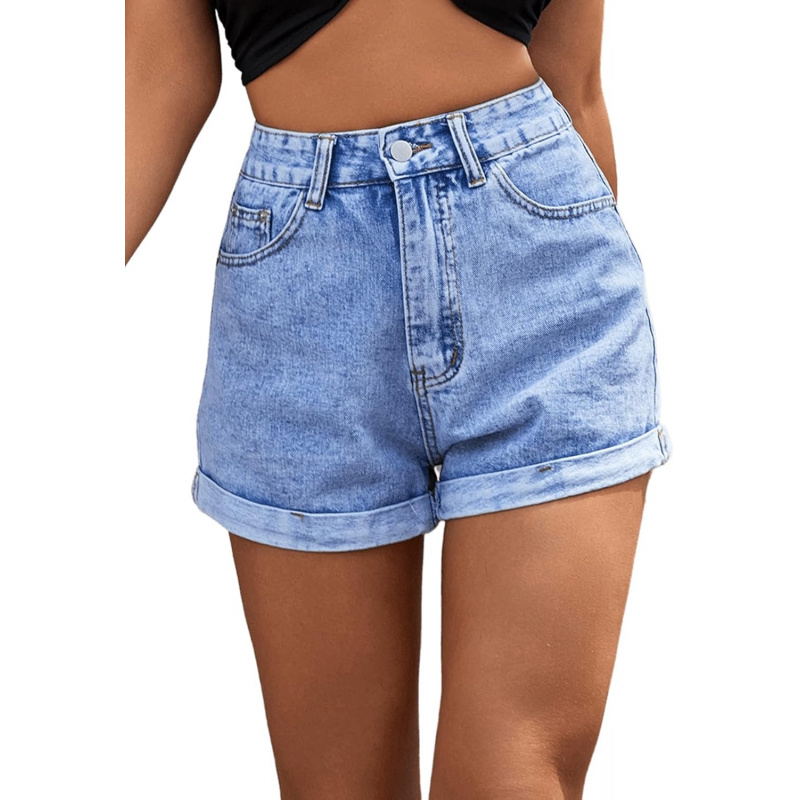 Women's High Rise Roll Up Hem Straight Leg Denim Jean Shorts with Pocket