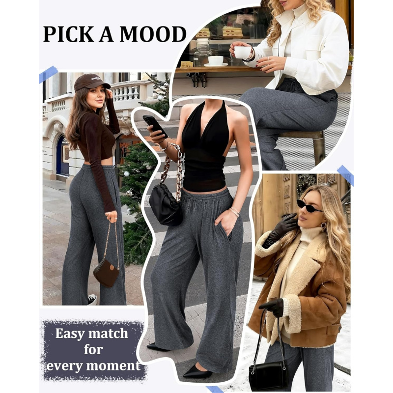 Women's Wide Leg Pants with Pockets Ribbed Knit