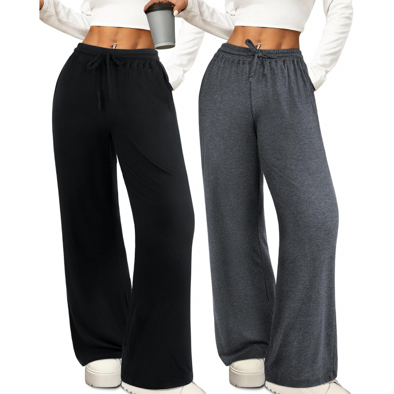 Women's Wide Leg Pants with Pockets Ribbed Knit