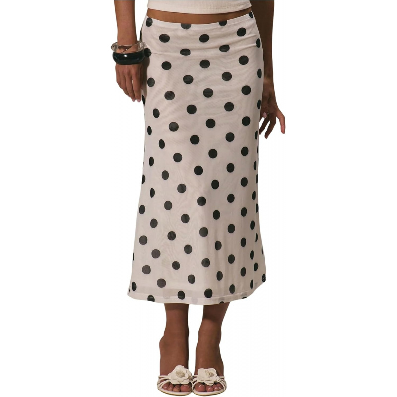Women's Polka Dots Midi Skirt Summer Mesh Flowy Long Skirts