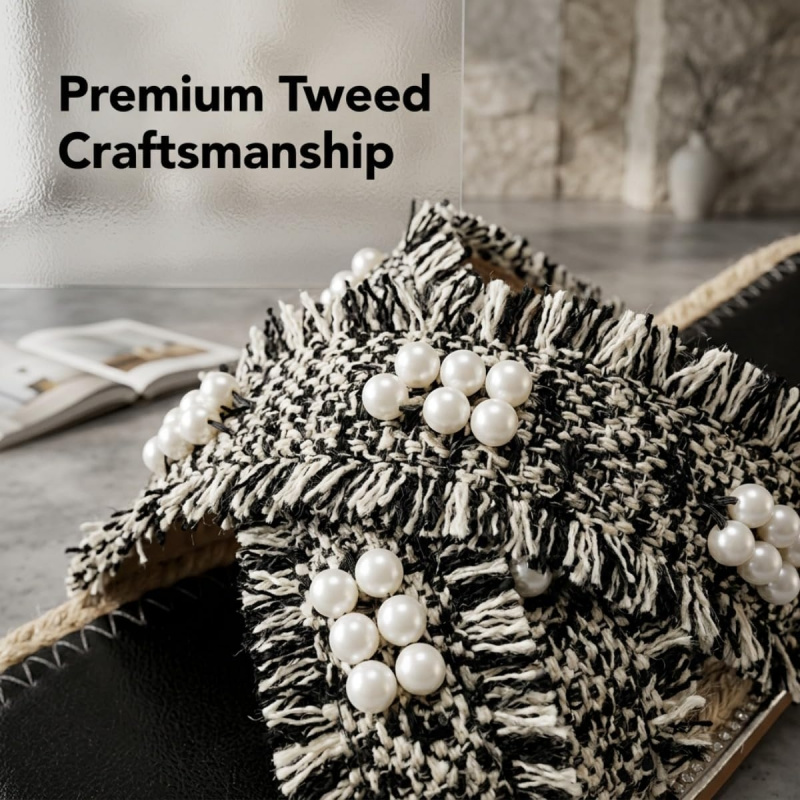 Chic Tweed Pearl Cross Strap Sandals Elegant Slippers