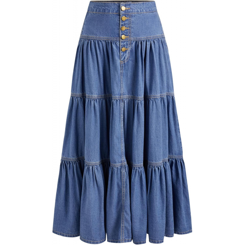 Women's Long Jean Denim Tiered Button