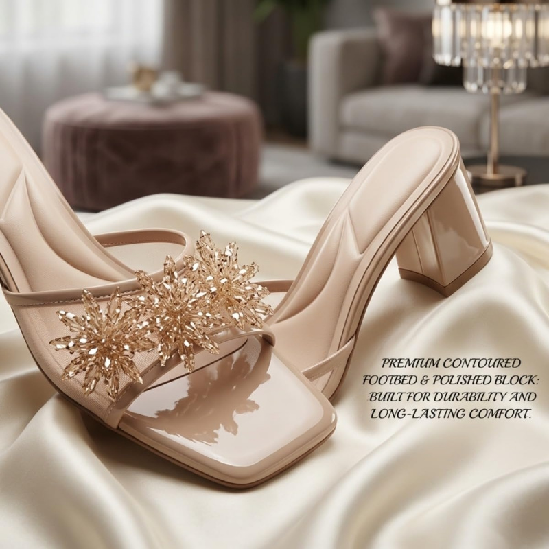 Women's French Style Mesh Beaded Flower Slide Sandals