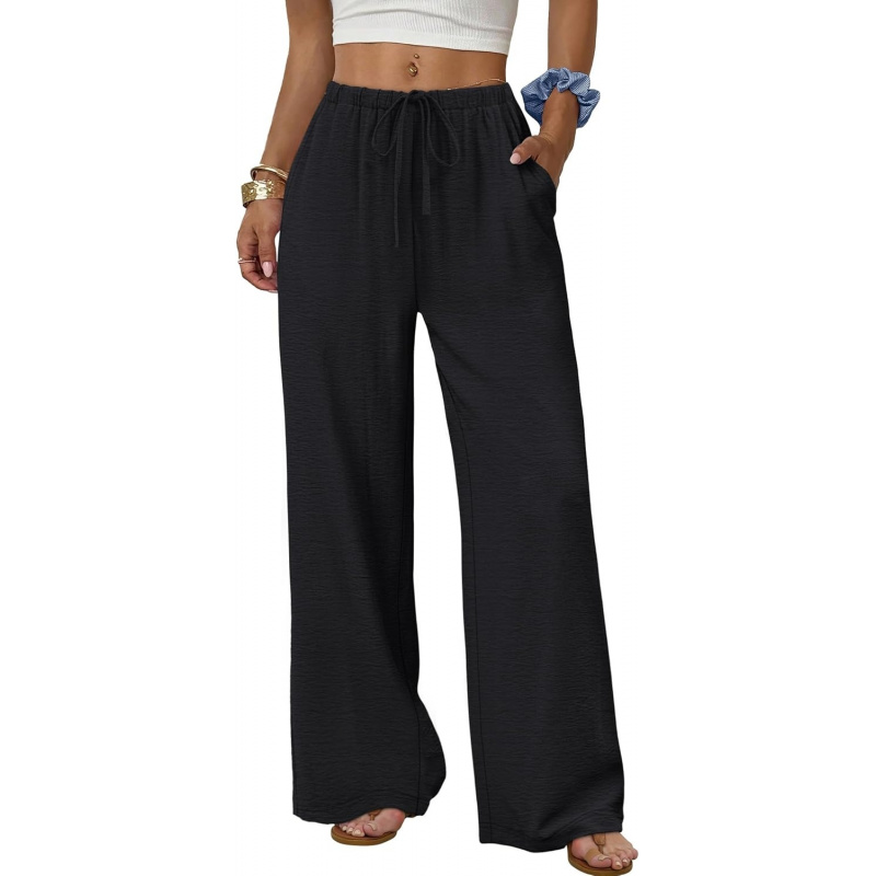 Wide Leg Pants for Women Flowy Palazzo Drawstring Elastic Waist Trousers with Pockets Summer Beach Vacation Clothes